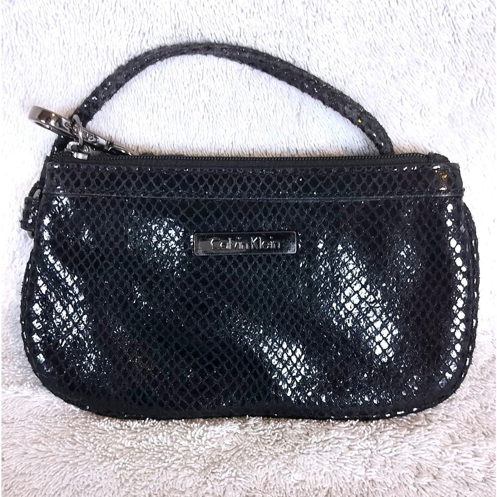 Calvin Klein Snakeskin Design Embossed Wristlet Bag Small Black Glossy‎ Pouch